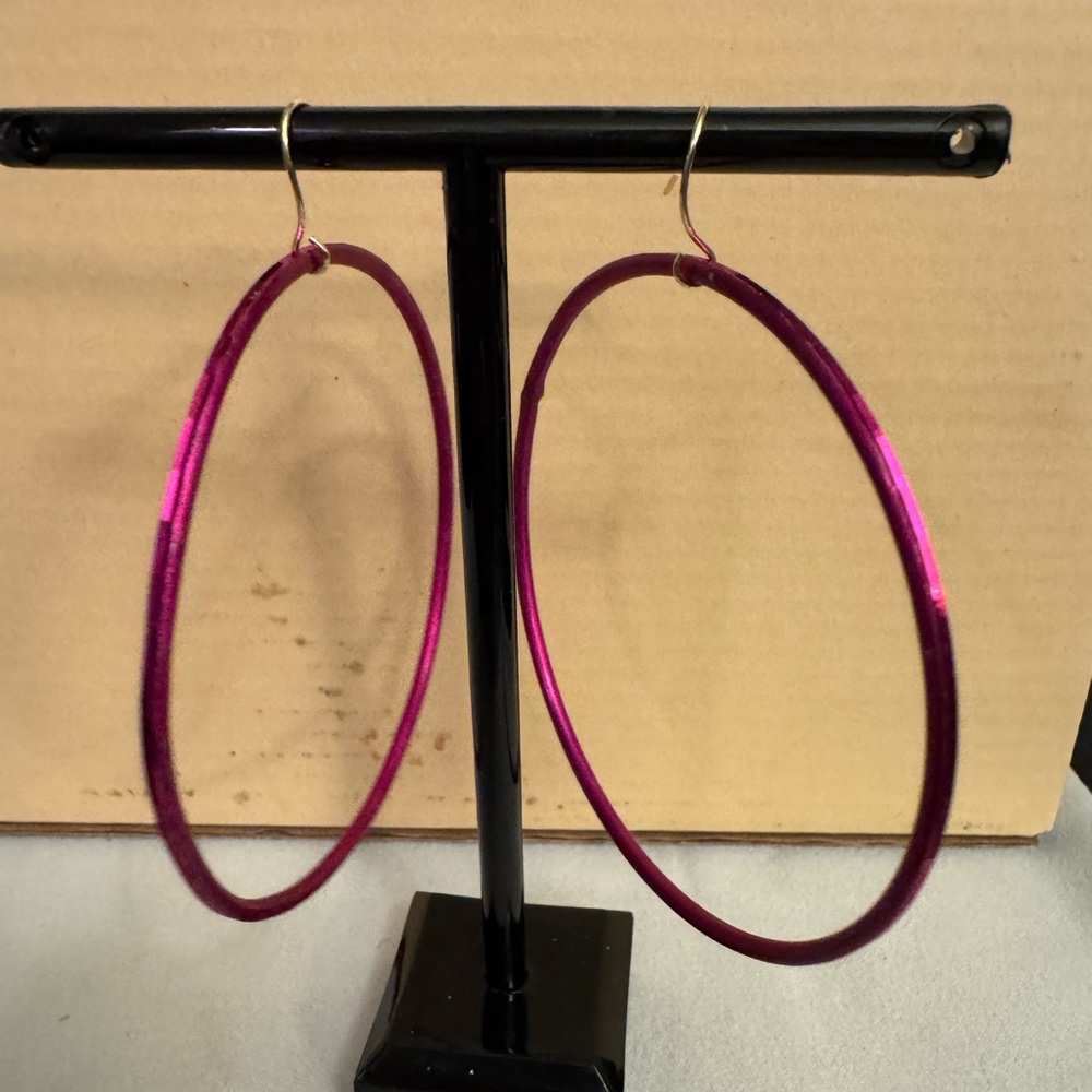 Fun Sparkling Design Pink and Gold Tone Large Hoop Earrings